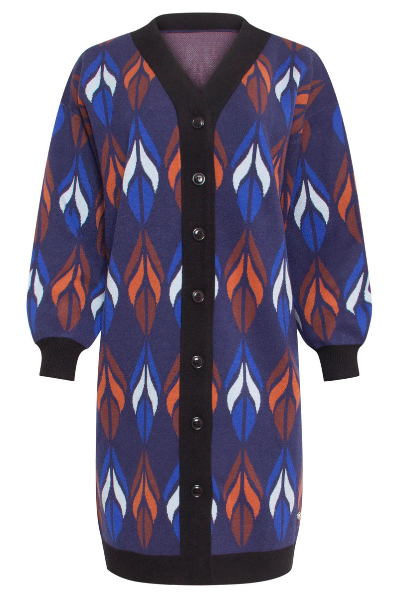 Smashed Lemon, Knitted Coat with leaves print blue - brown