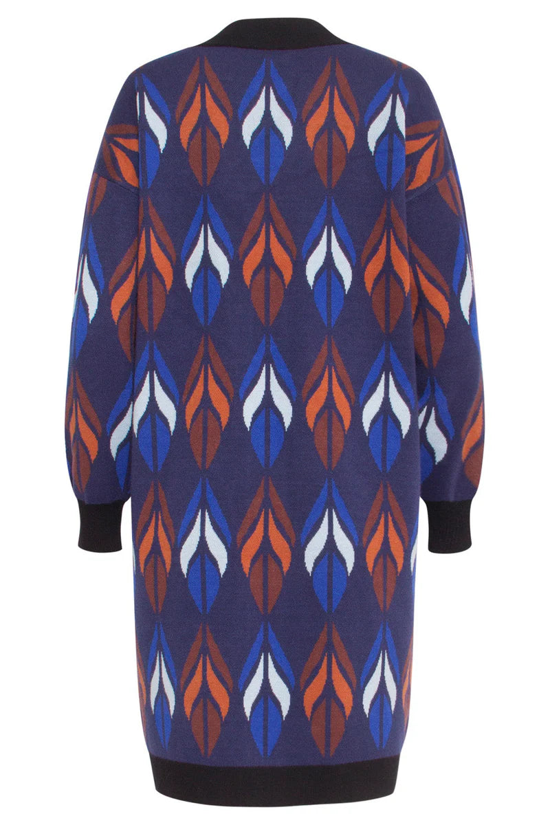 Smashed Lemon, Knitted Coat with leaves print blue - brown