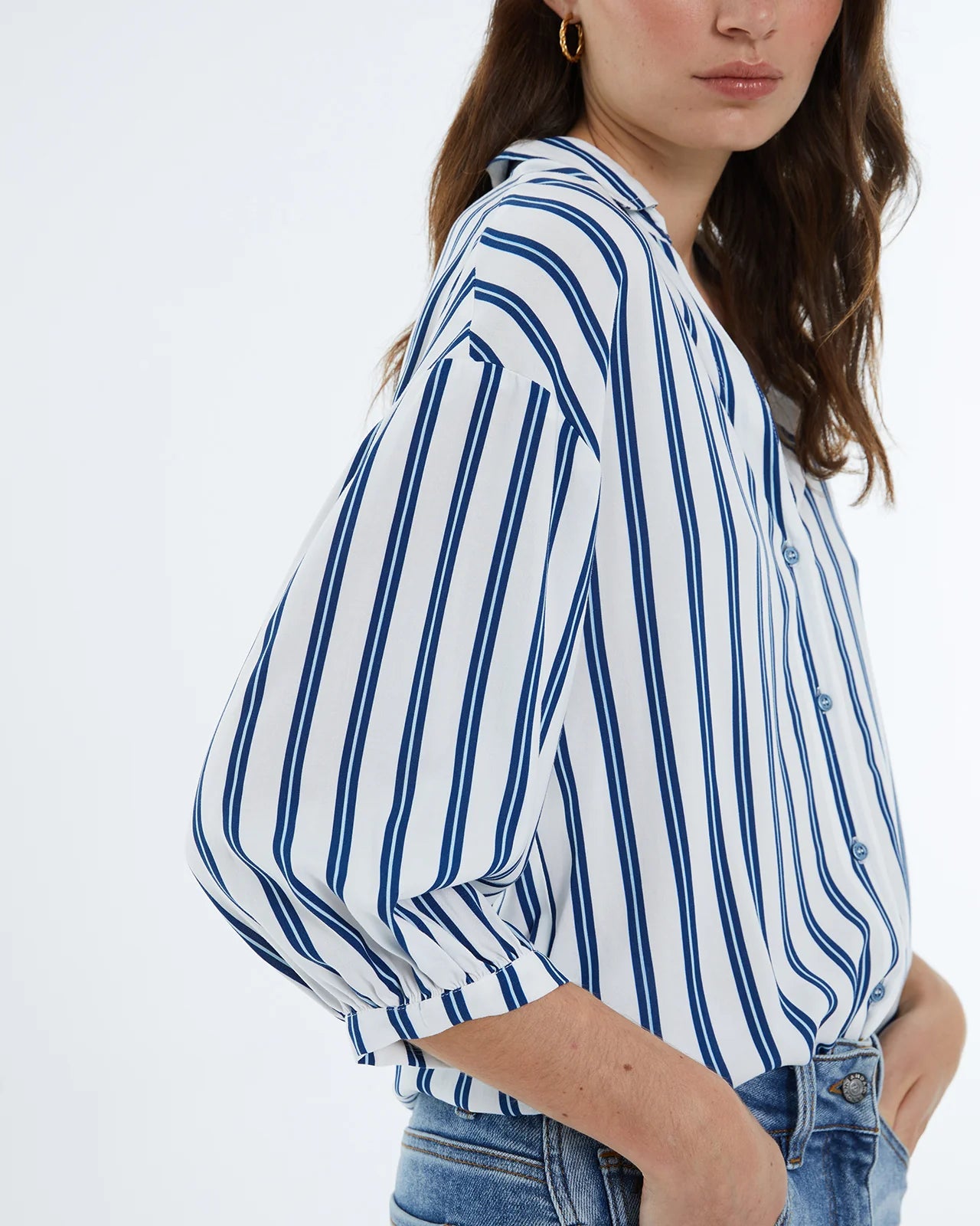 Andam, Women's striped print shirt, shirt collar