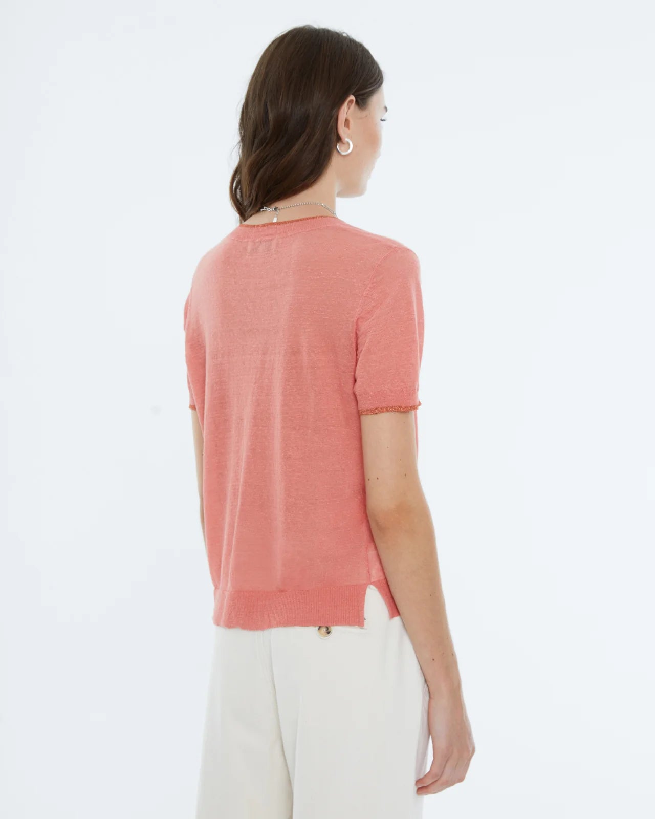 Andam, Women's sweater, V-neck, short sleeves CORAL