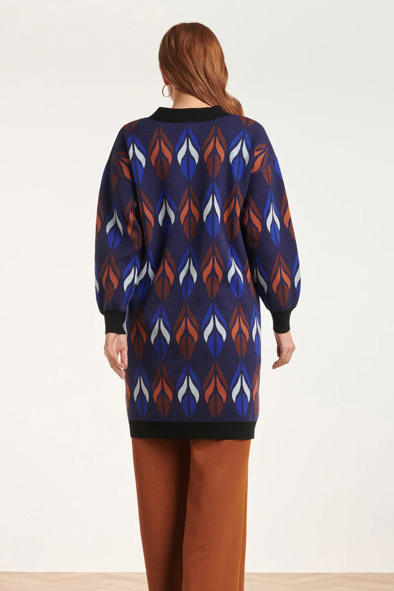 Smashed Lemon, Knitted Coat with leaves print blue - brown