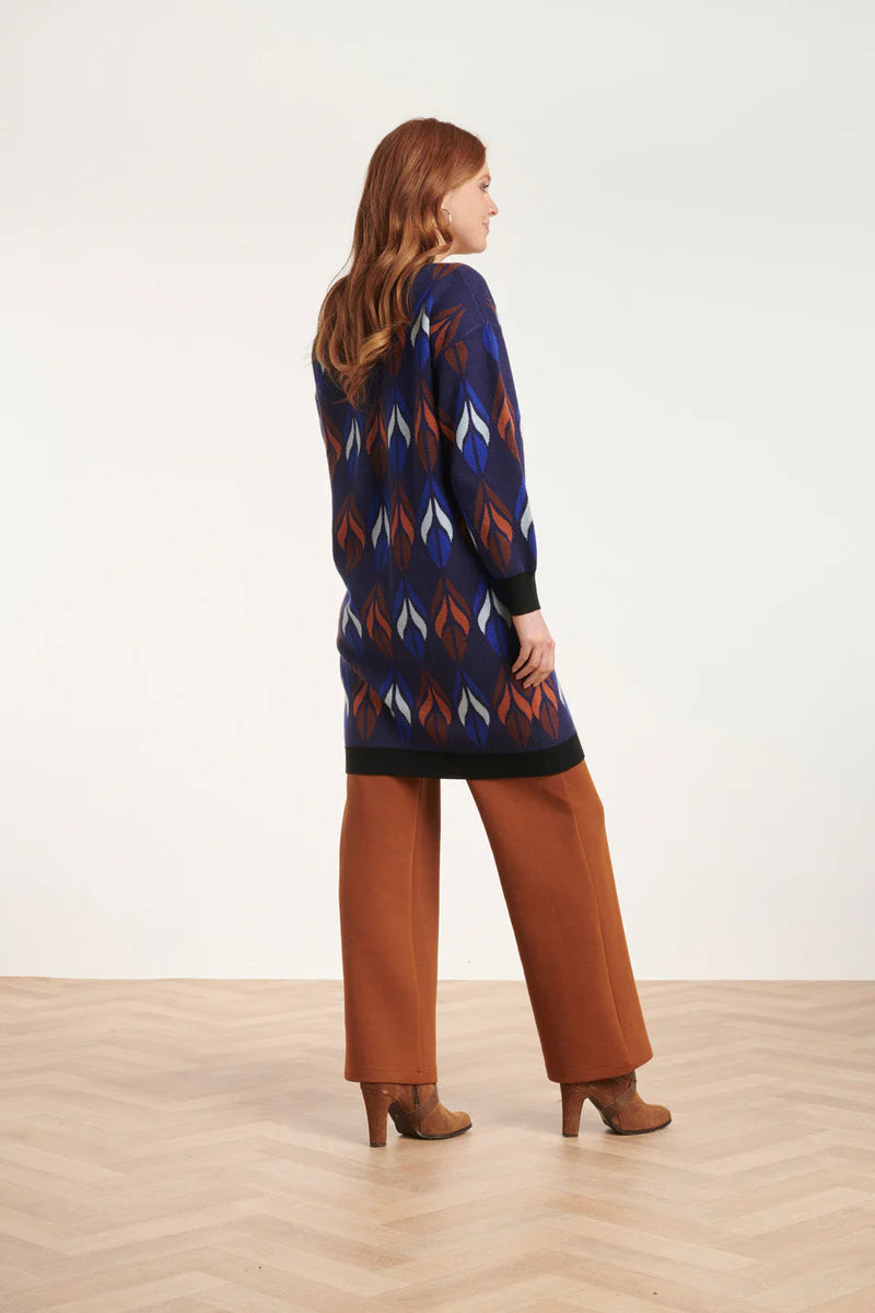 Smashed Lemon, Knitted Coat with leaves print blue - brown