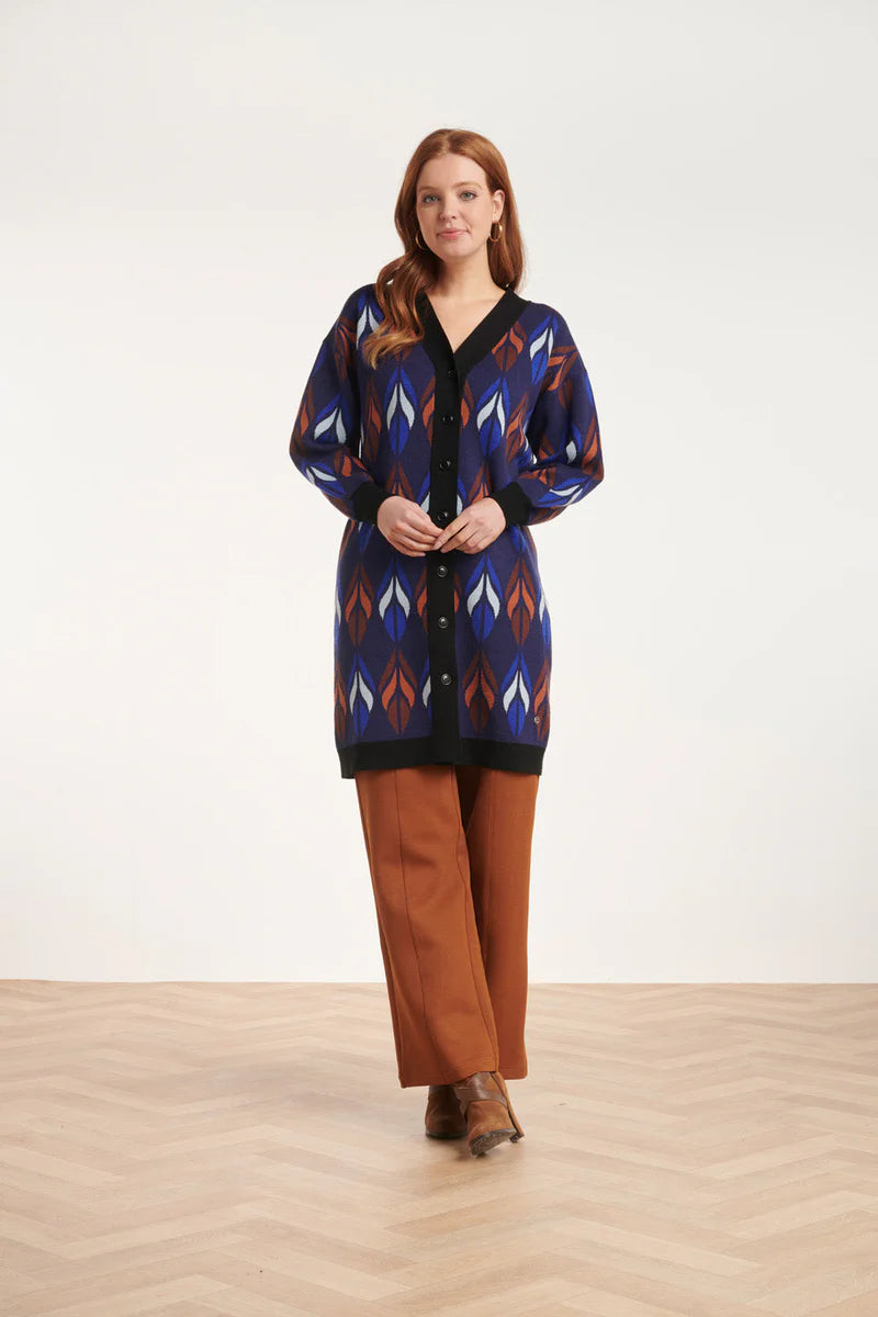 Smashed Lemon, Knitted Coat with leaves print blue - brown