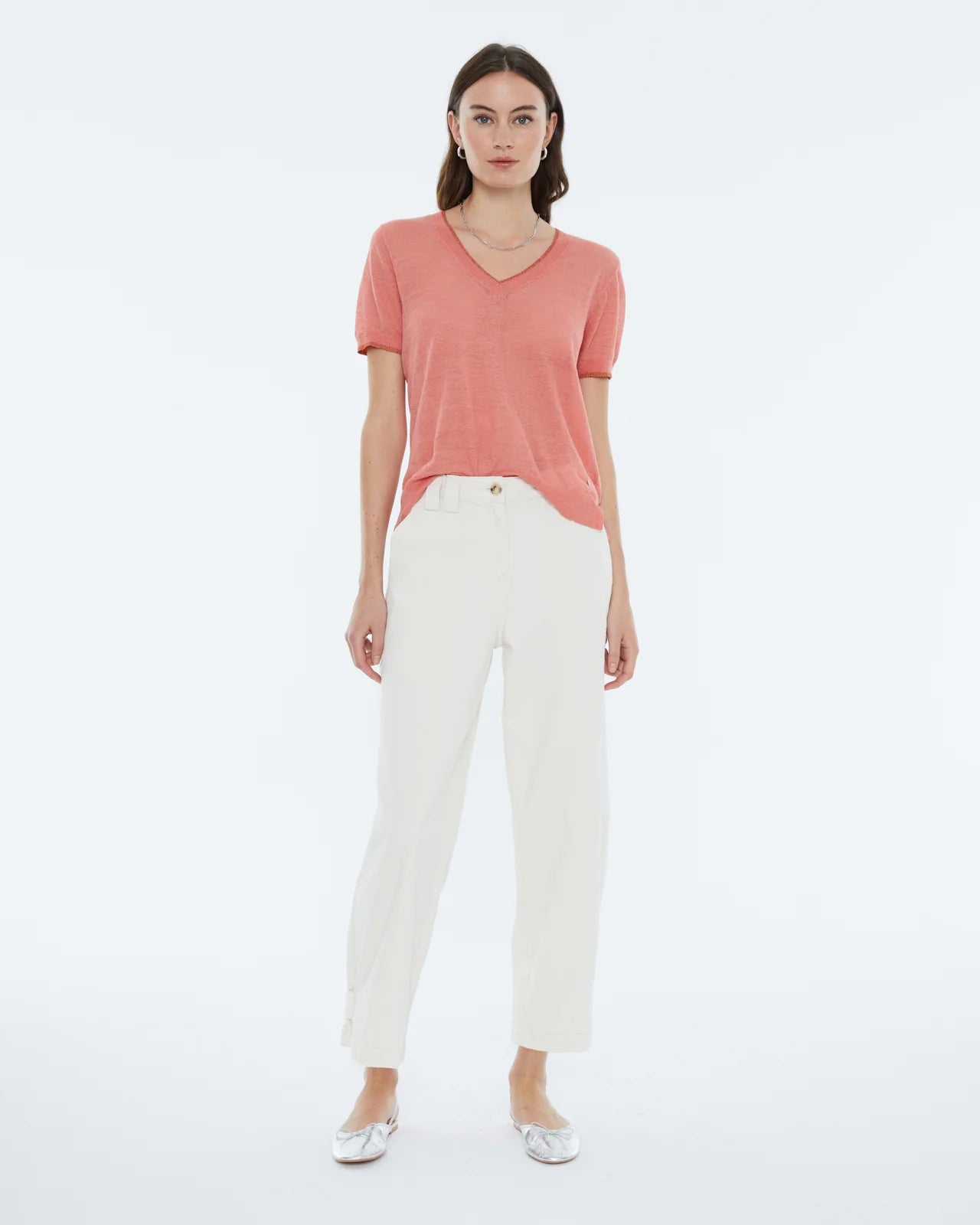 Andam, Women's sweater, V-neck, short sleeves CORAL