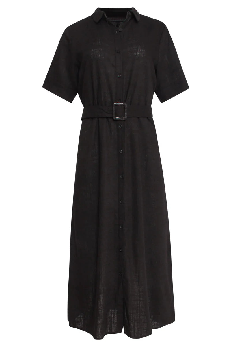 Smashed Lemon, Dress Linen/Rayon Shirt Dress BLACK