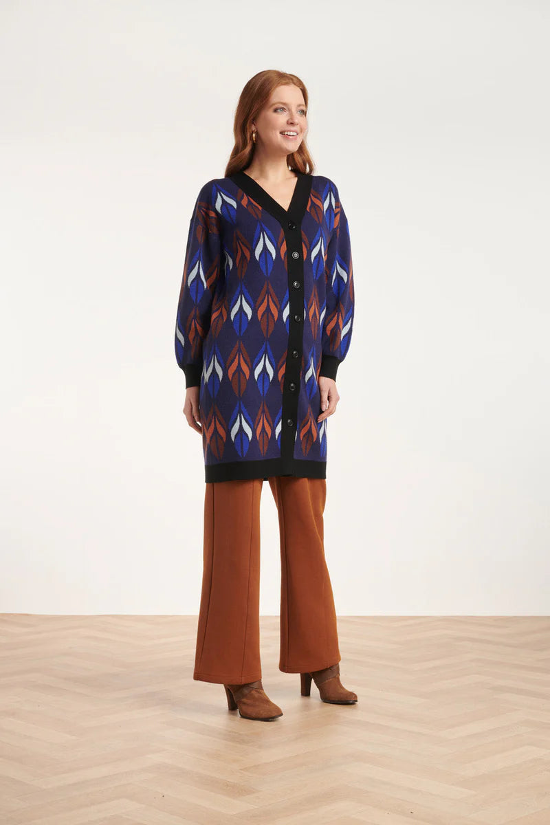 Smashed Lemon, Knitted Coat with leaves print blue - brown