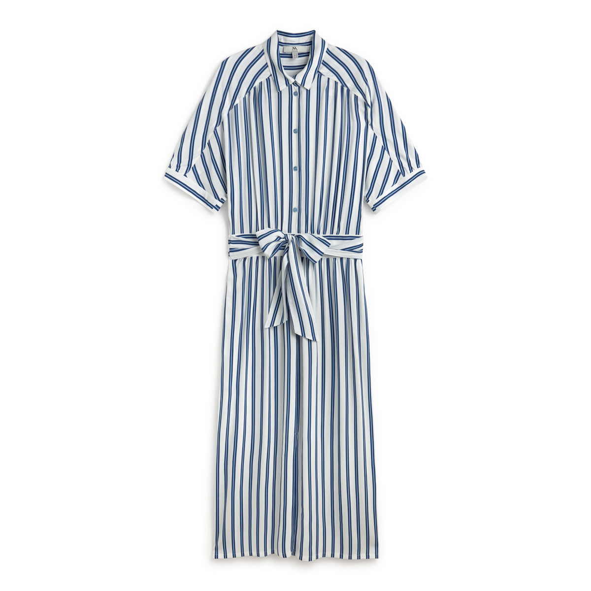 Andam, Striped print midi dress, shirt collar, batwing sleeve BLUE