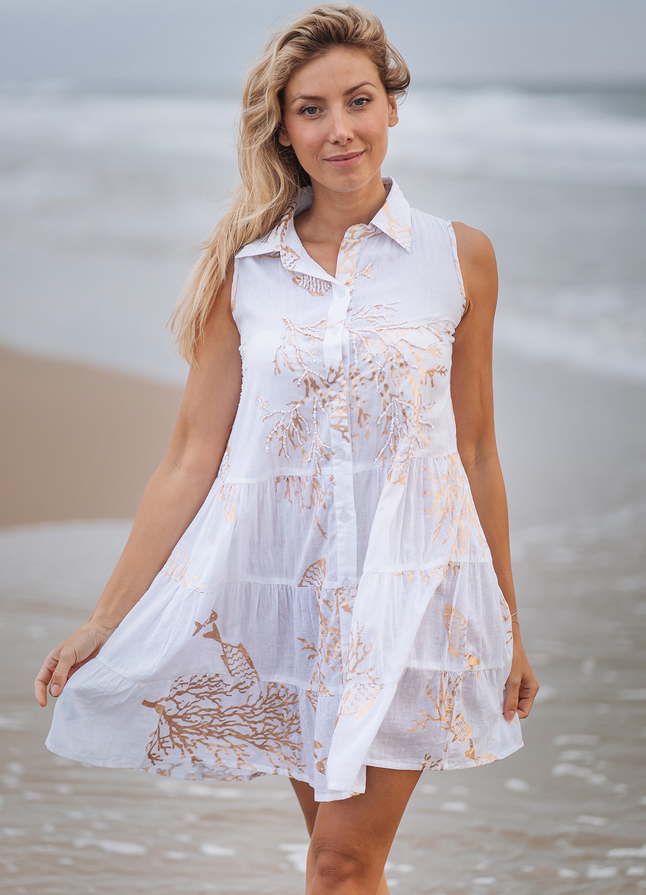 Isla Bonita, Short Dress White/Gold Coral