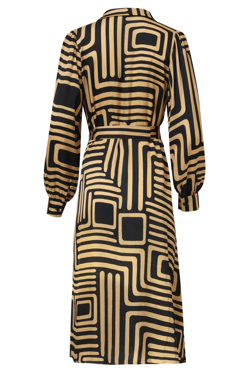 Smashed Lemon, BLACK AND GOLD GRAPHIC PRINTED MIDI DRESS WITH COLLAR | BLACK - CAMEL 25578