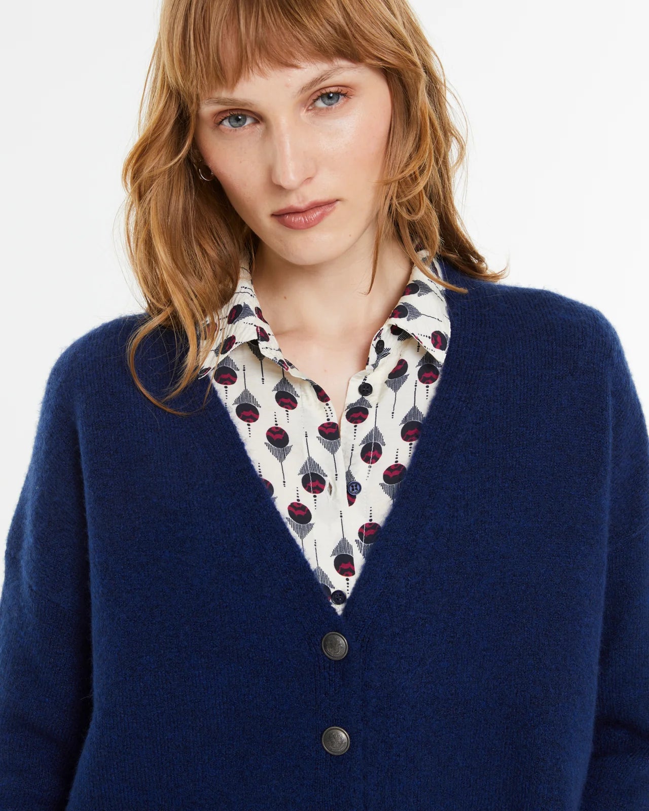 Andam, plain knit cardigan with a V-neckline BLUE 6102