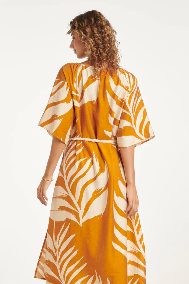 Smashed Lemon, TUNIC DRESS WITH TROPICAL LEAF PRINT IN OCHRE YELLOW | MUSTARD - OFF WHITE 26039