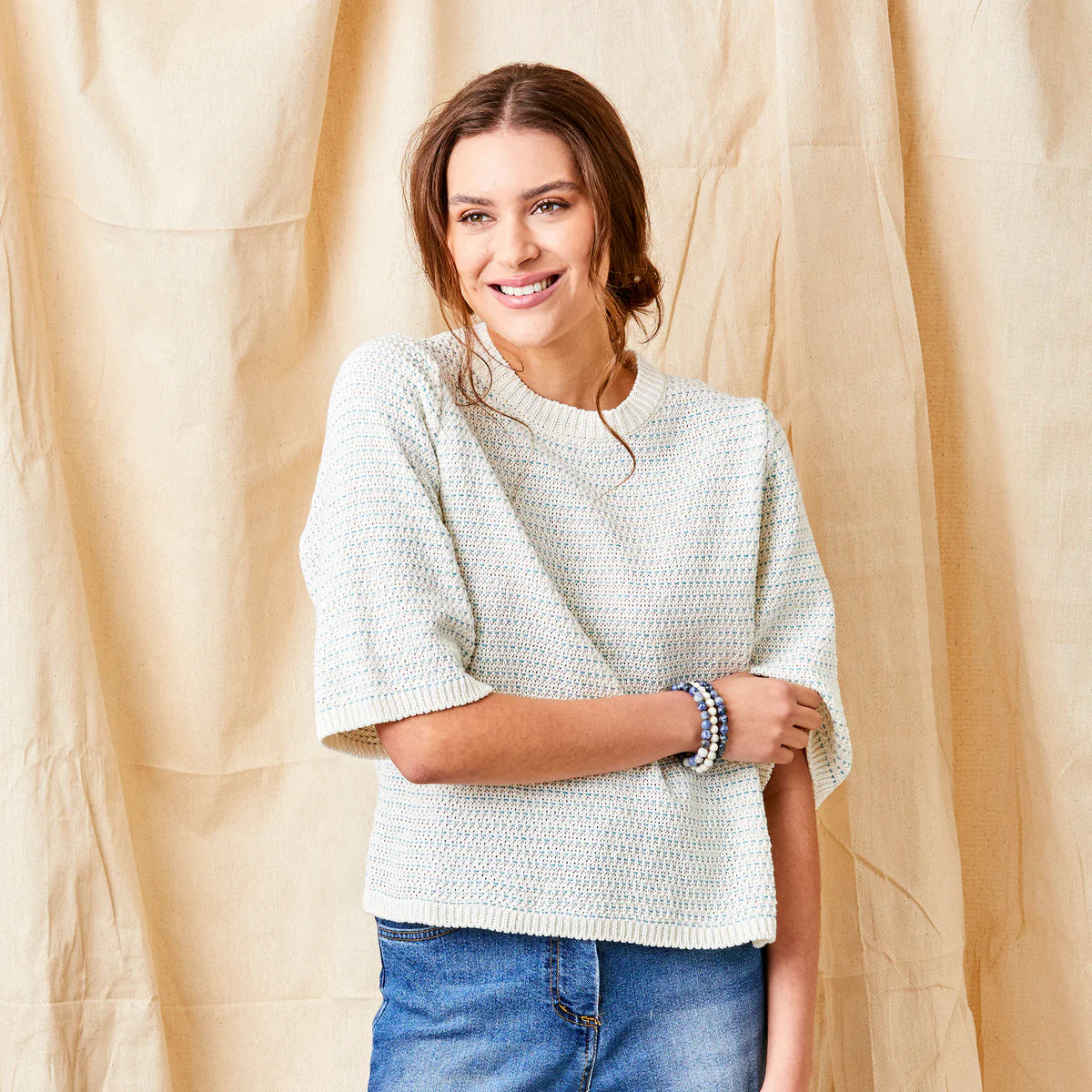 Suzy D, FLORIA CREW NECK KNIT WITH METALLIC THREAD Ivory/Teal