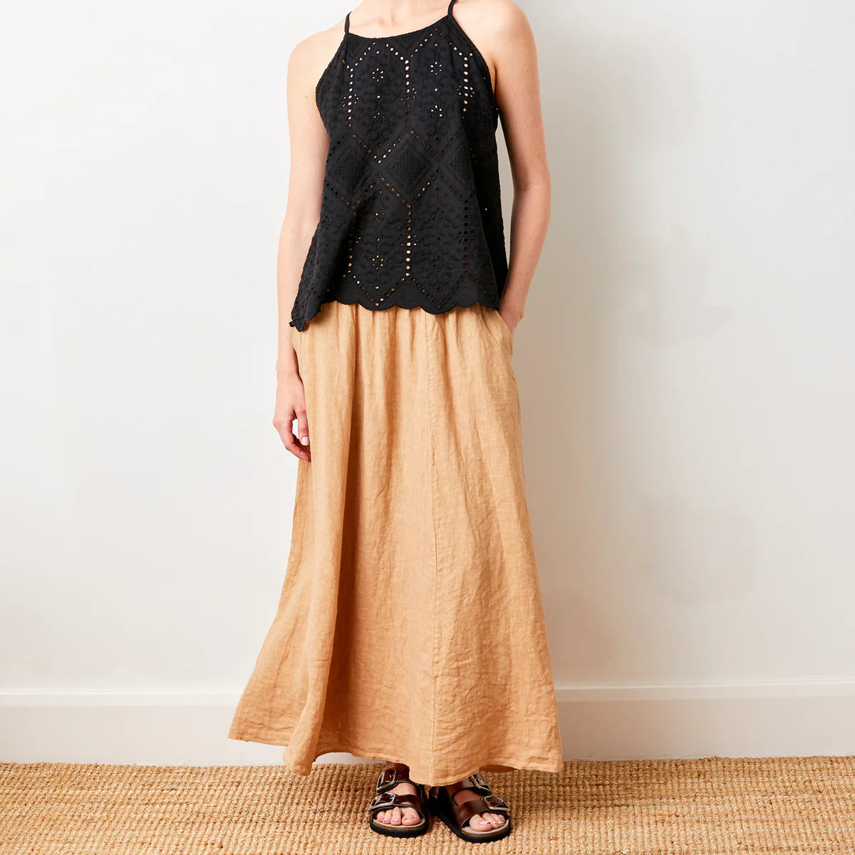 Suzy D, LILI LINEN MAXI SKIRT WITH SIDE POCKETS Acorn