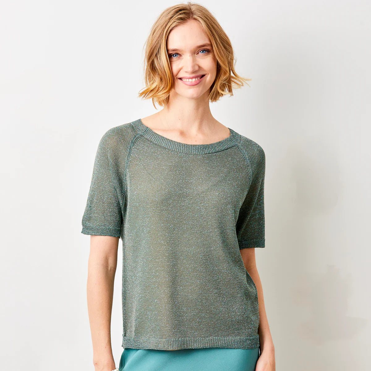 Suzy D, LUMEN SPARKLE KNIT TEE teal mix