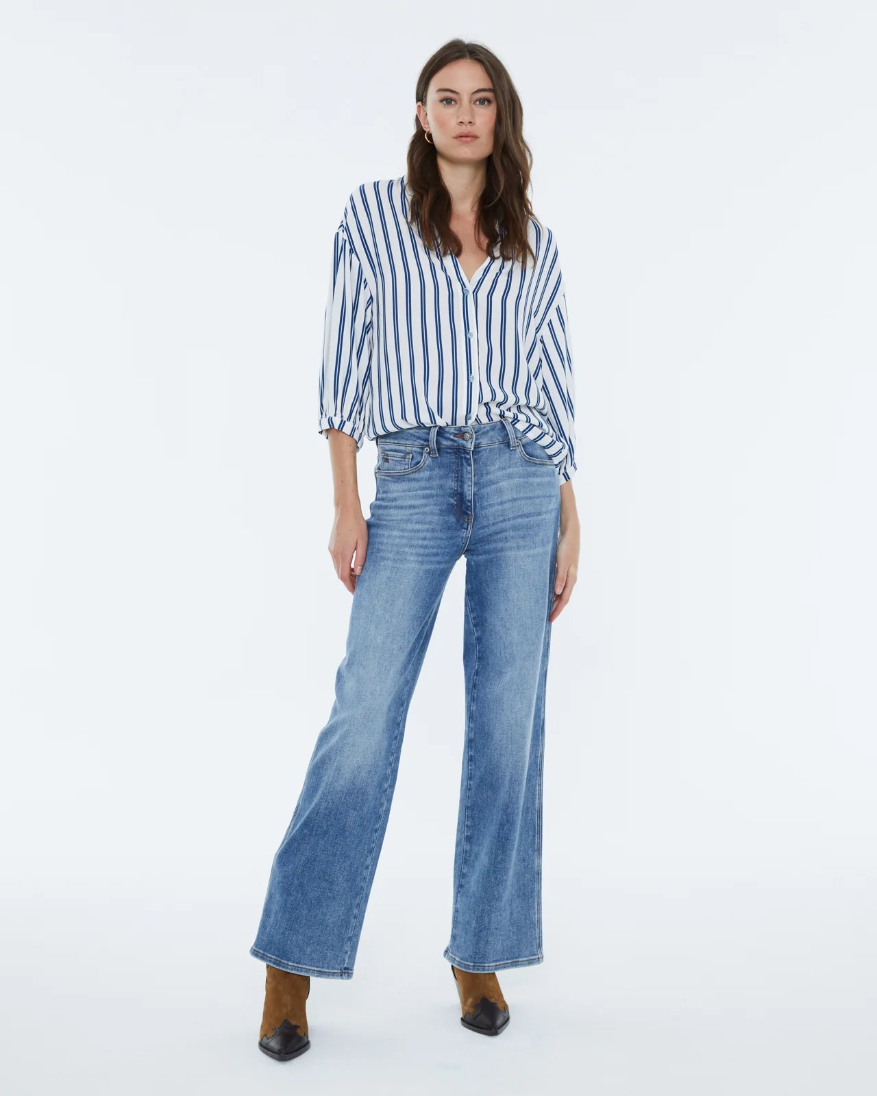 Andam, Women's striped print shirt, shirt collar