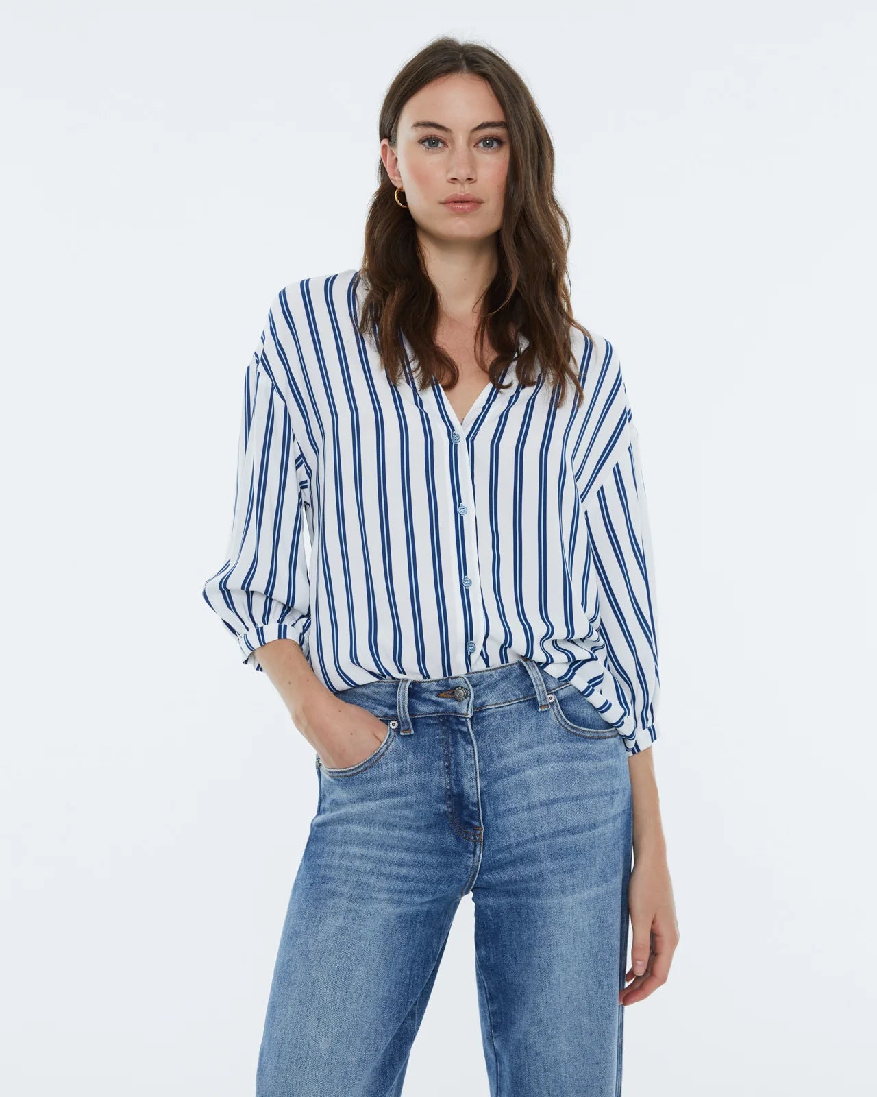 Andam, Women's striped print shirt, shirt collar