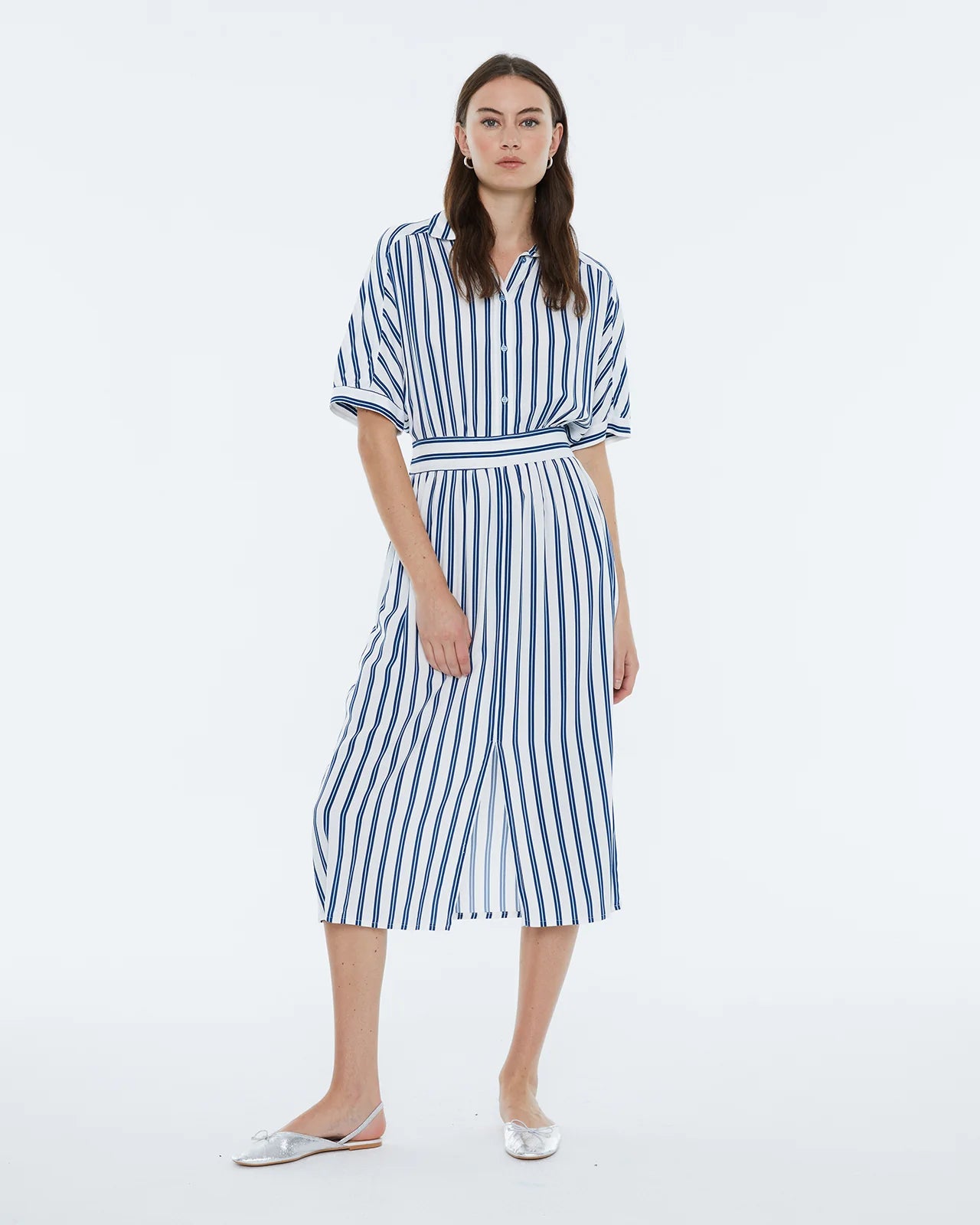 Andam, Striped print midi dress, shirt collar, batwing sleeve BLUE