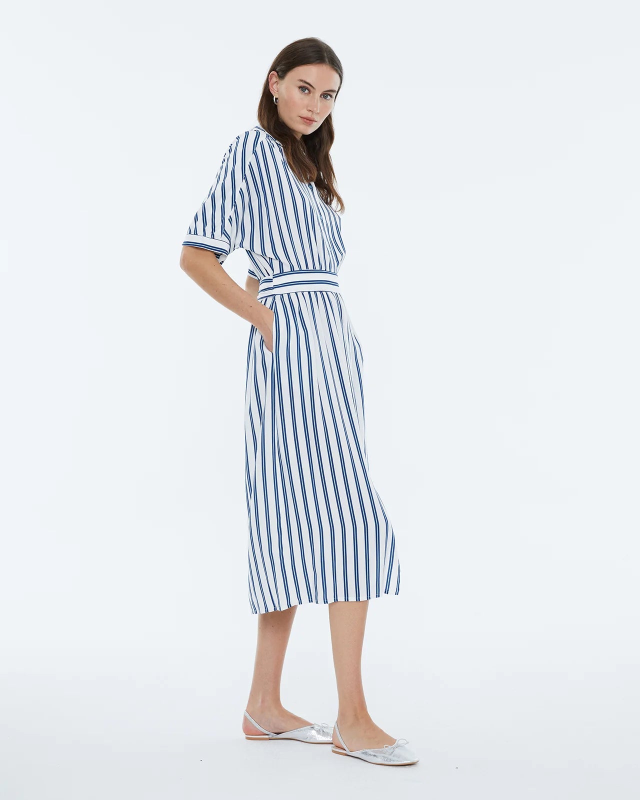 Andam, Striped print midi dress, shirt collar, batwing sleeve BLUE
