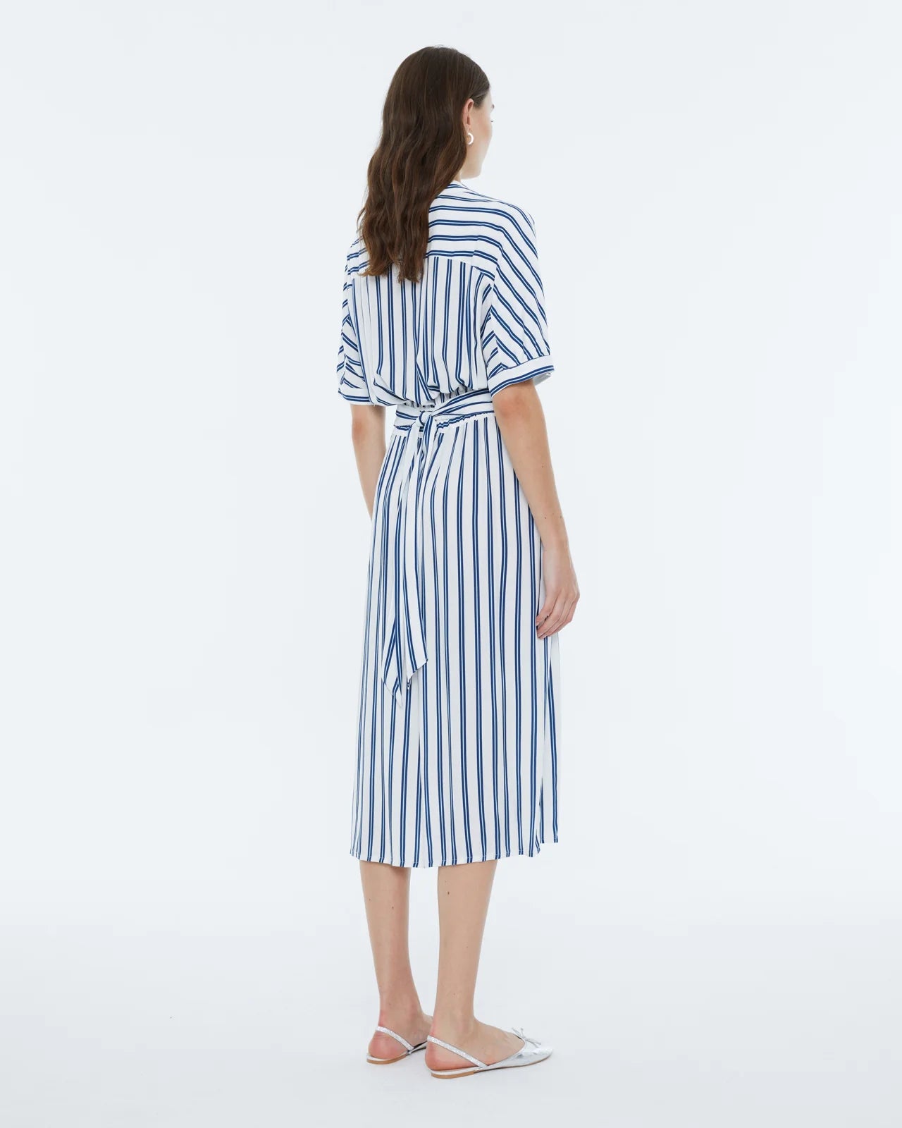 Andam, Striped print midi dress, shirt collar, batwing sleeve BLUE
