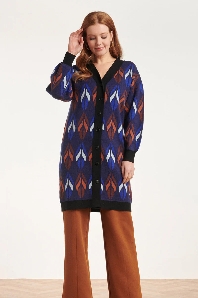 Smashed Lemon, Knitted Coat with leaves print blue - brown