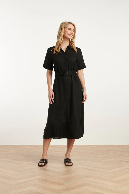 Smashed Lemon, Dress Linen/Rayon Shirt Dress BLACK