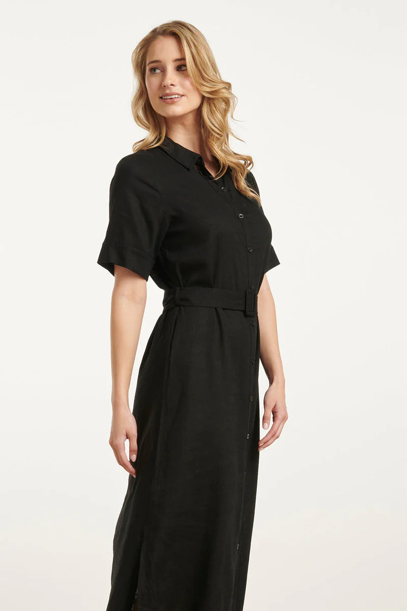 Smashed Lemon, Dress Linen/Rayon Shirt Dress BLACK