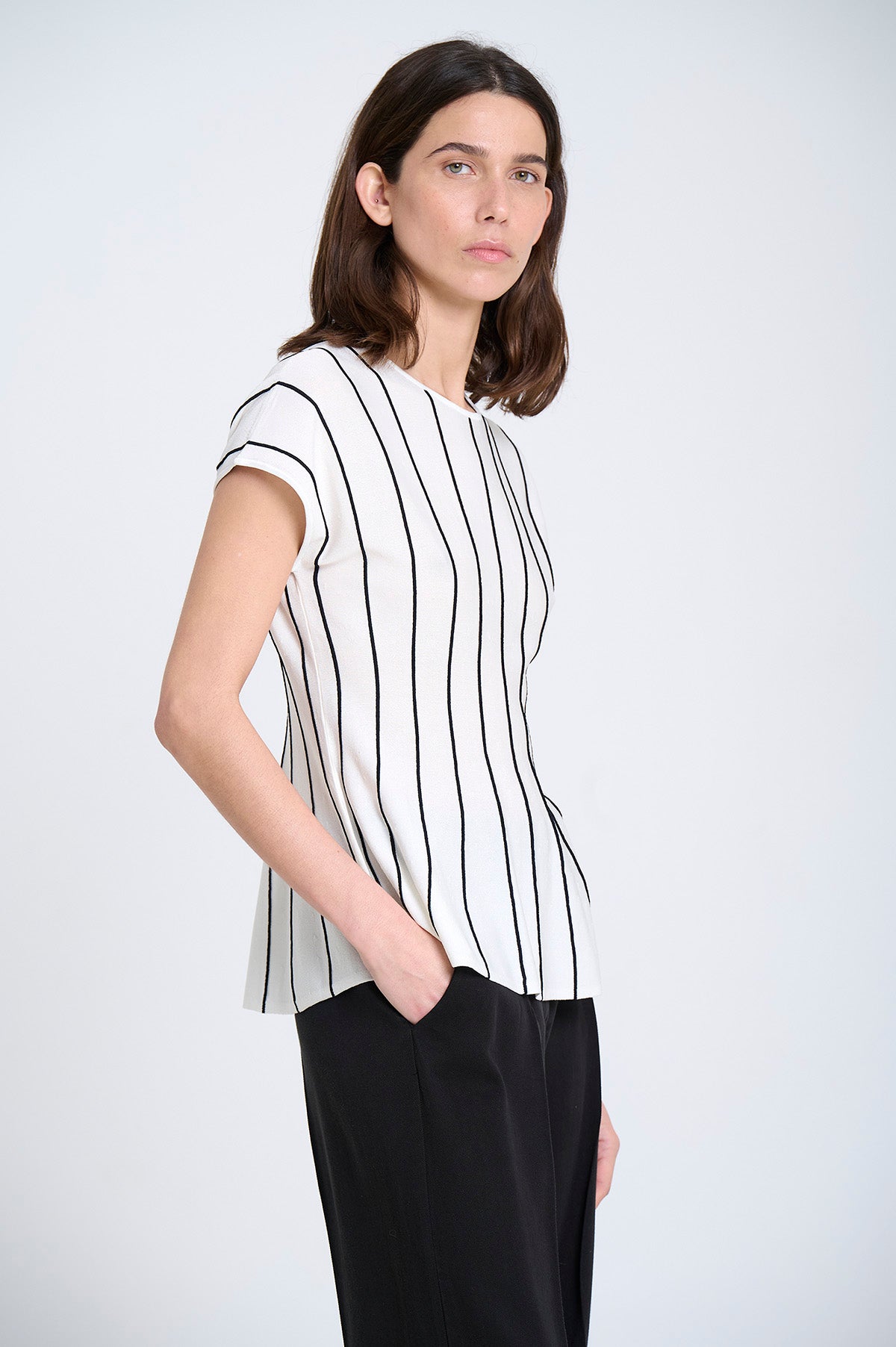 Sita Murt,  Vertical striped peplum top Ecru 164005