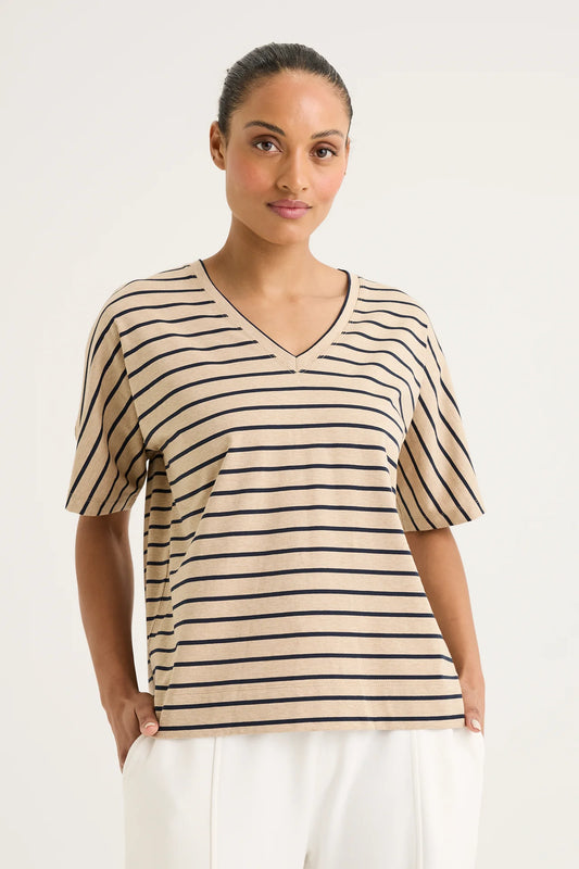 Yarra Trail, Carbon Stripe Tee Camel/Navy
