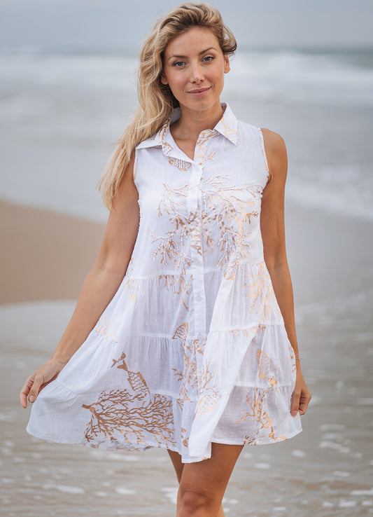 Isla Bonita, Short Dress White/Gold Coral