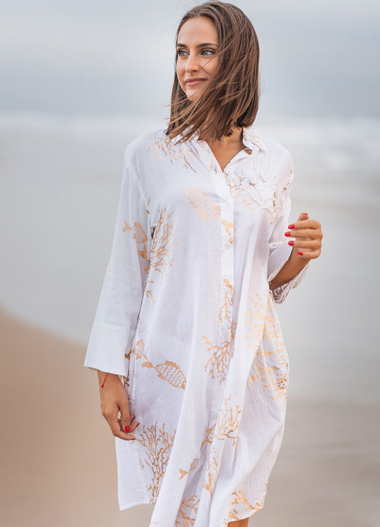 Isla Bonita, Short Dress White/Gold Coral