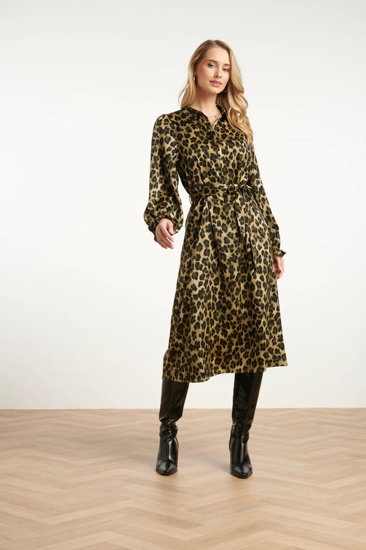 Smashed Lemon, MIDI SHIRT DRESS WITH LEOPARD PRINT IN ARMY AND BLACK | ARMY - BLACK 25559