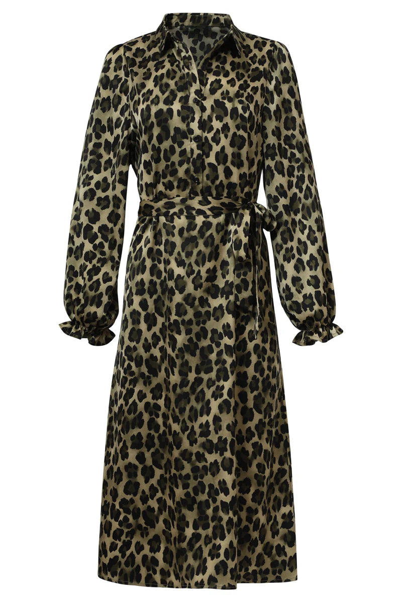 Smashed Lemon, MIDI SHIRT DRESS WITH LEOPARD PRINT IN ARMY AND BLACK | ARMY - BLACK 25559