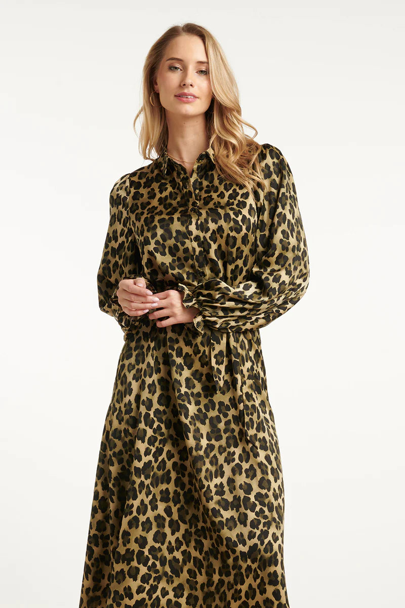 Smashed Lemon, MIDI SHIRT DRESS WITH LEOPARD PRINT IN ARMY AND BLACK | ARMY - BLACK 25559