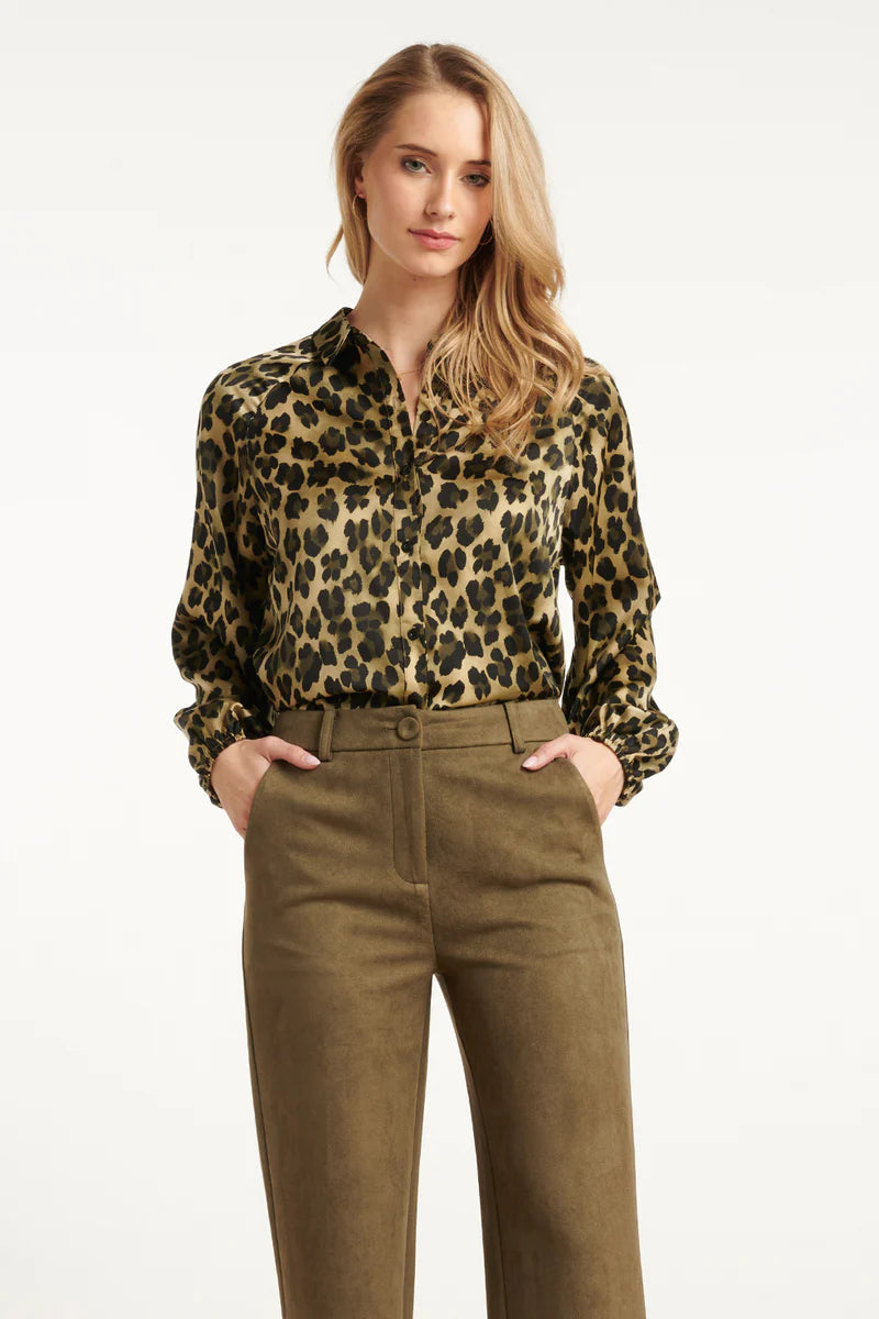 Smashed Lemon,  SATIN BLOUSE WITH LEOPARD PRINT AND PUFF SLEEVES IN ARMY AND BLACK | ARMY - BLACK 25560