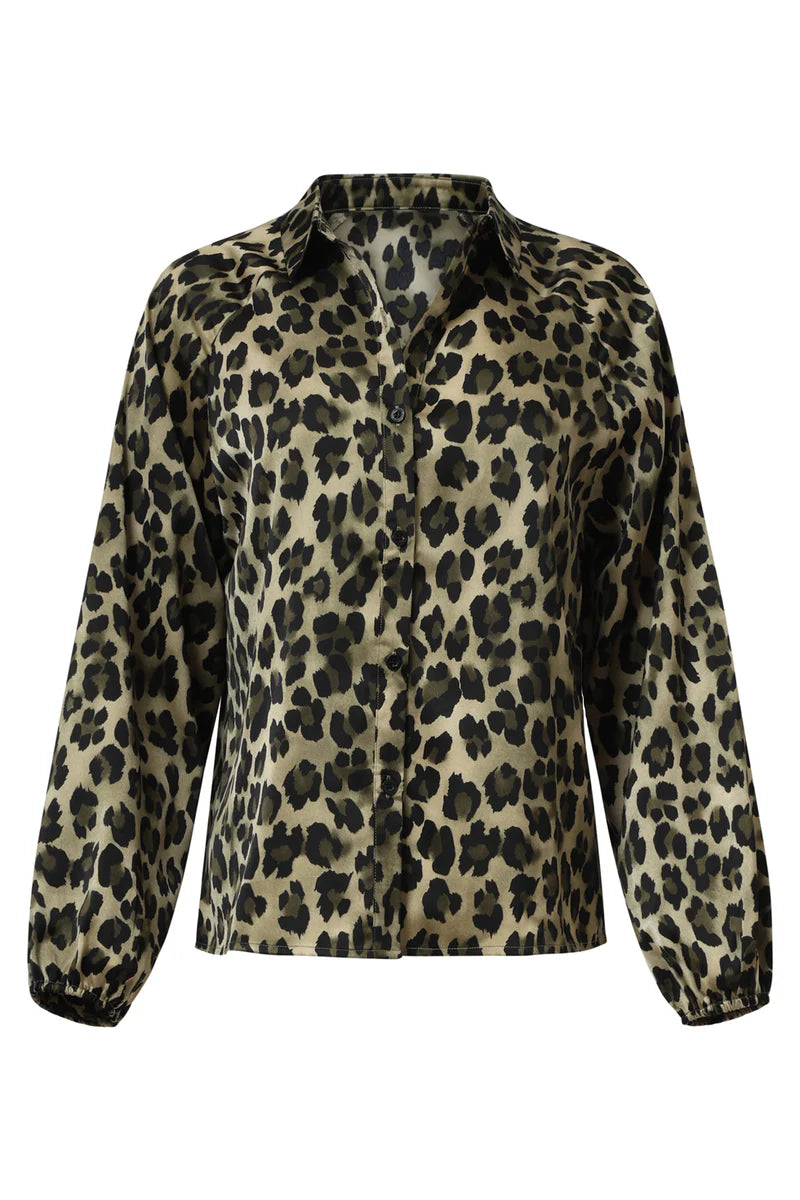 Smashed Lemon,  SATIN BLOUSE WITH LEOPARD PRINT AND PUFF SLEEVES IN ARMY AND BLACK | ARMY - BLACK 25560