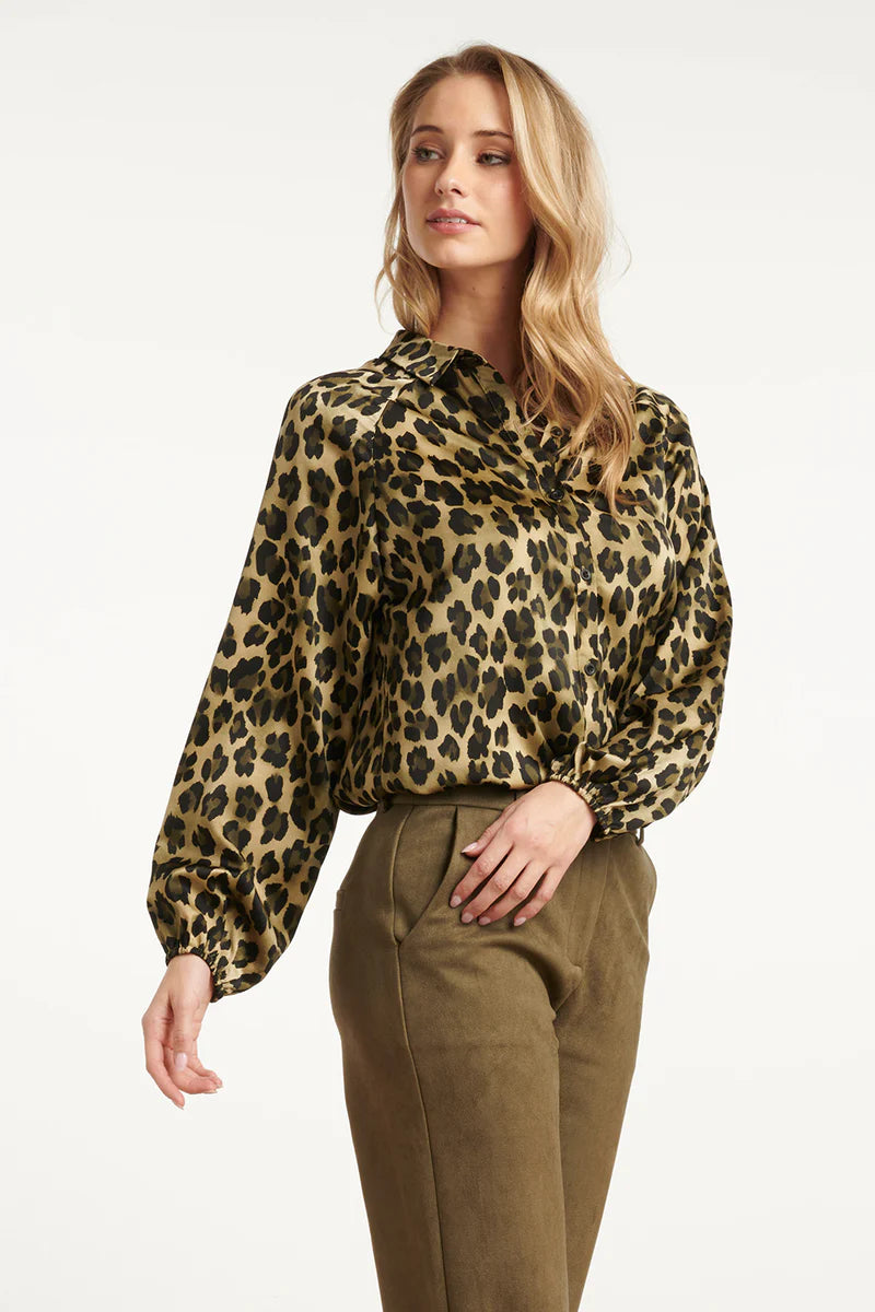 Smashed Lemon,  SATIN BLOUSE WITH LEOPARD PRINT AND PUFF SLEEVES IN ARMY AND BLACK | ARMY - BLACK 25560