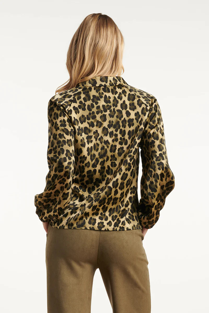 Smashed Lemon,  SATIN BLOUSE WITH LEOPARD PRINT AND PUFF SLEEVES IN ARMY AND BLACK | ARMY - BLACK 25560