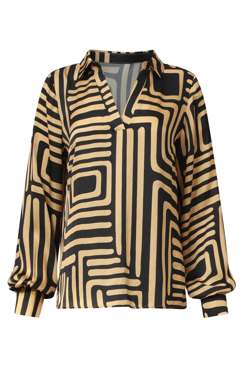 Smashed Lemon,  BLACK AND GOLD GRAPHIC PRINTED TOP WITH COLLAR | BLACK - CAMEL 25579