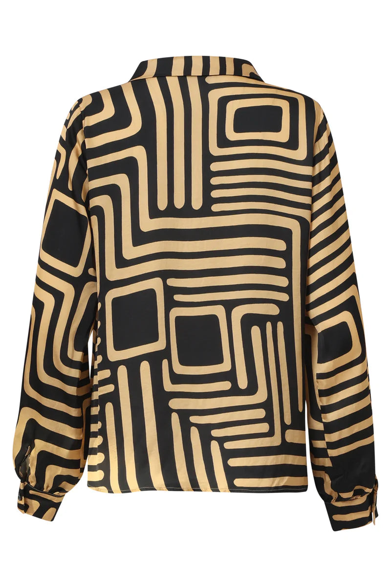Smashed Lemon,  BLACK AND GOLD GRAPHIC PRINTED TOP WITH COLLAR | BLACK - CAMEL 25579