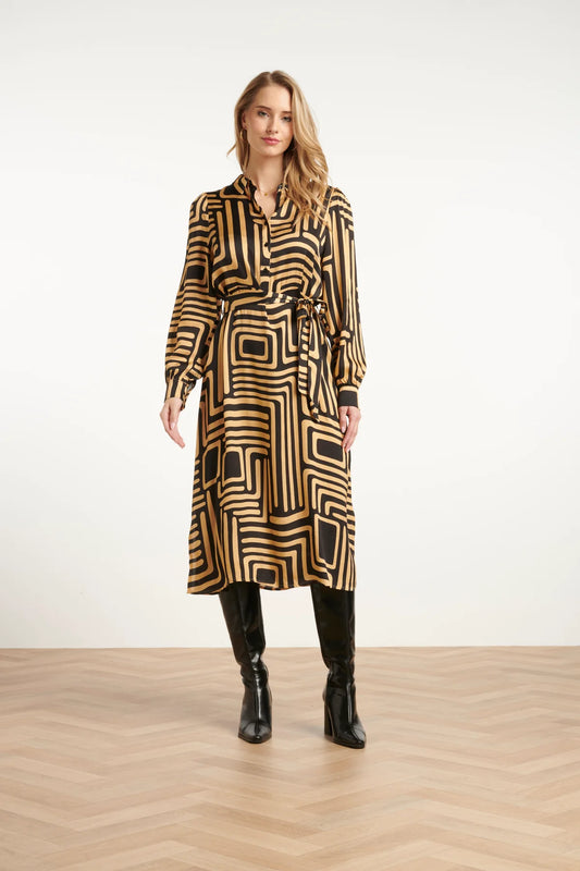 Smashed Lemon, BLACK AND GOLD GRAPHIC PRINTED MIDI DRESS WITH COLLAR | BLACK - CAMEL 25578