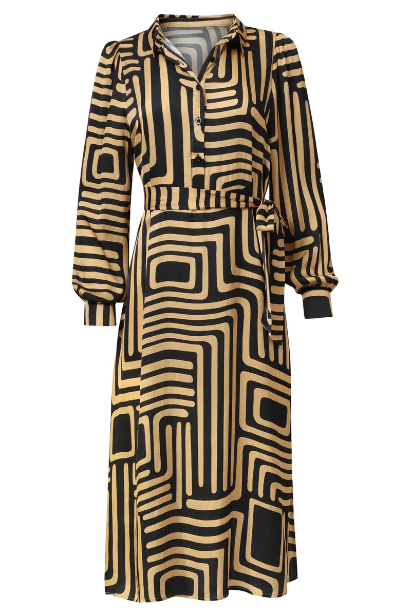 Smashed Lemon, BLACK AND GOLD GRAPHIC PRINTED MIDI DRESS WITH COLLAR | BLACK - CAMEL 25578