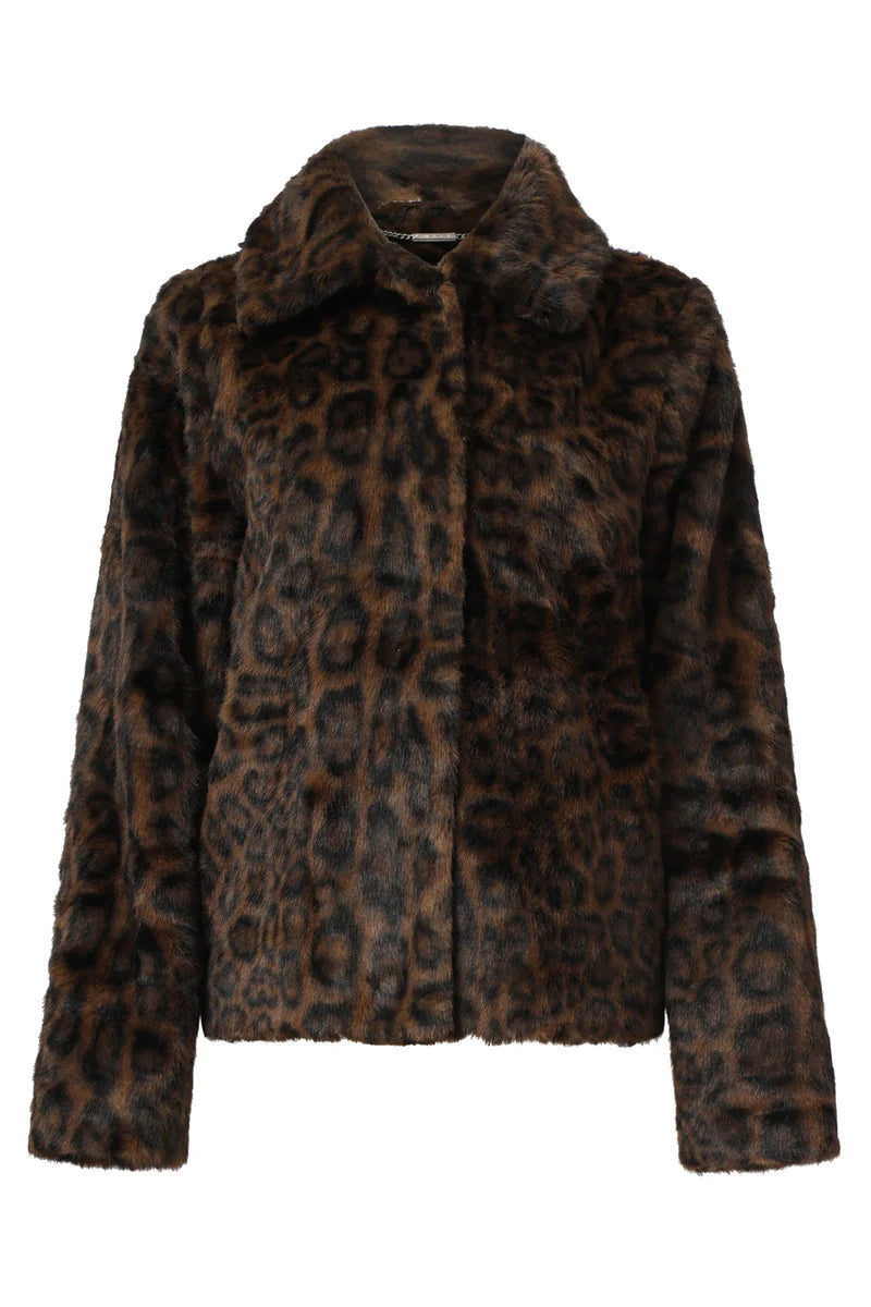 Smashed Lemon, SHORT FAUX FUR COAT WITH ANIMAL PRINT BROWN AND BLACK | BROWN - BLACK 25538
