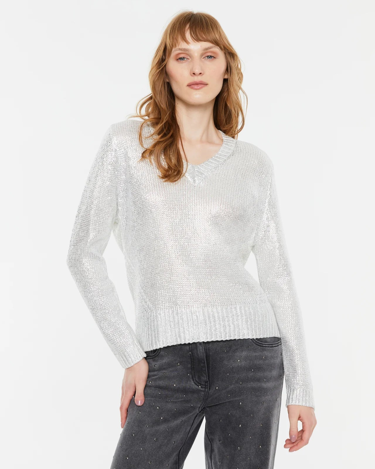 Andam, silver laminated V-neck sweater 6300