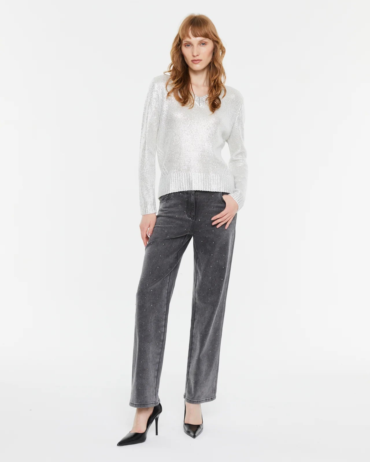 Andam, silver laminated V-neck sweater 6300