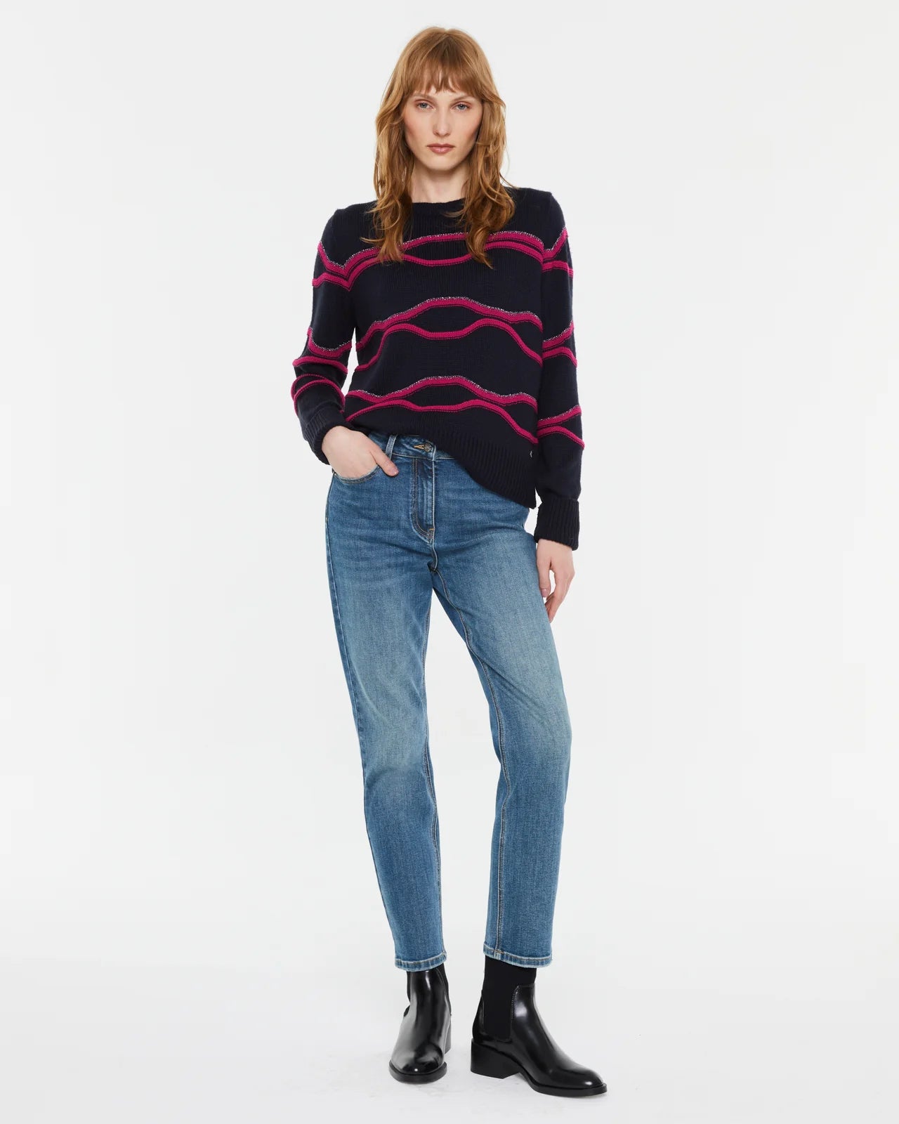 Andam,  round neck sweater with borders 6090