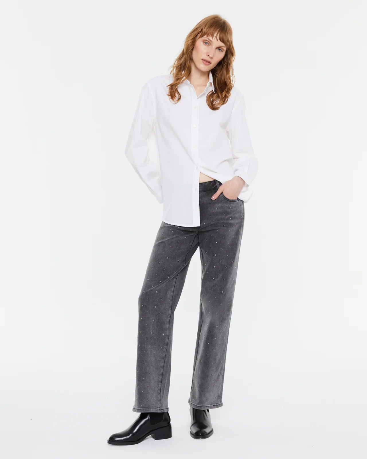 Andam, high-waisted wide-leg jeans with studs GREY 4210