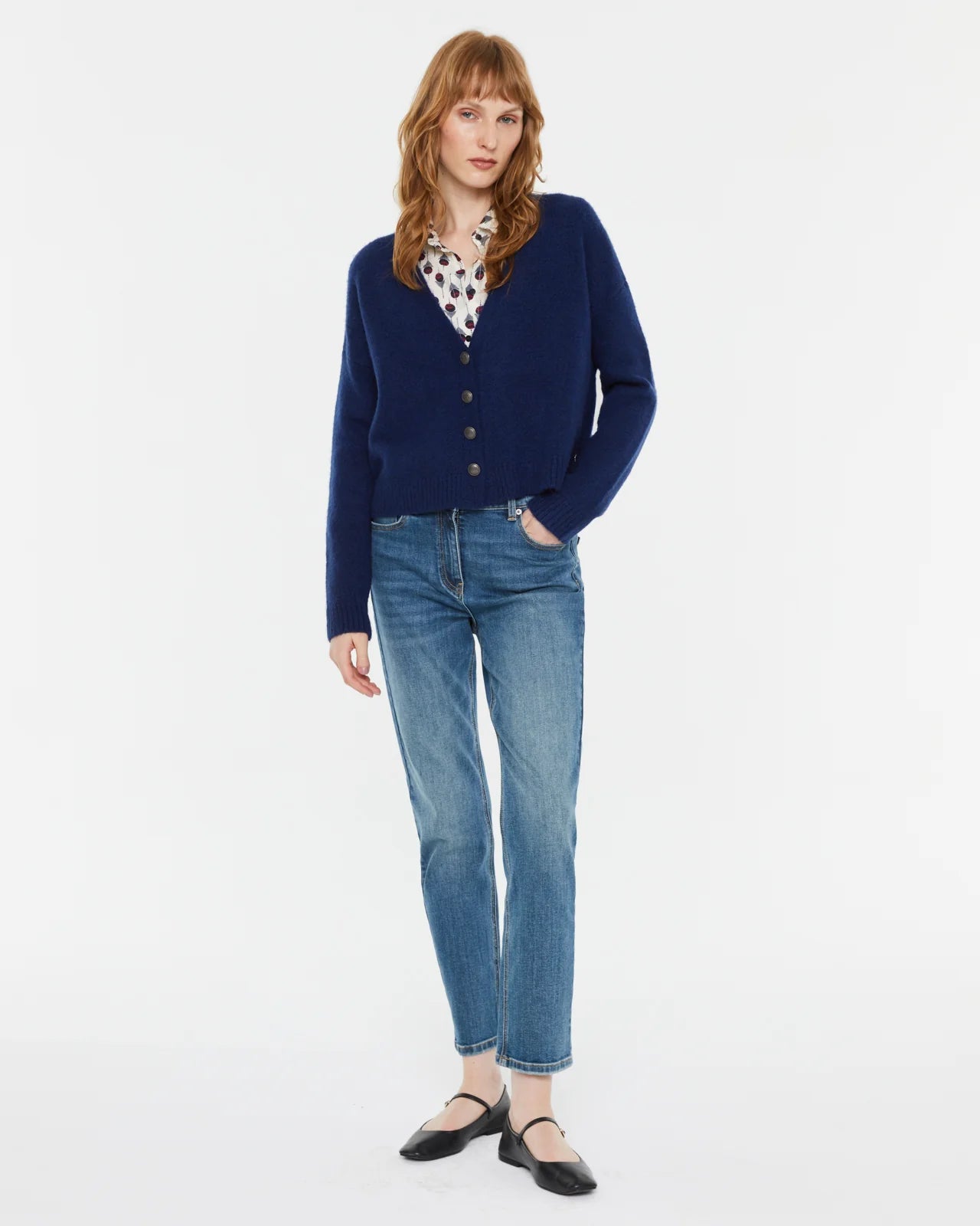 Andam,  plain knit cardigan with a V-neckline BLUE 6102