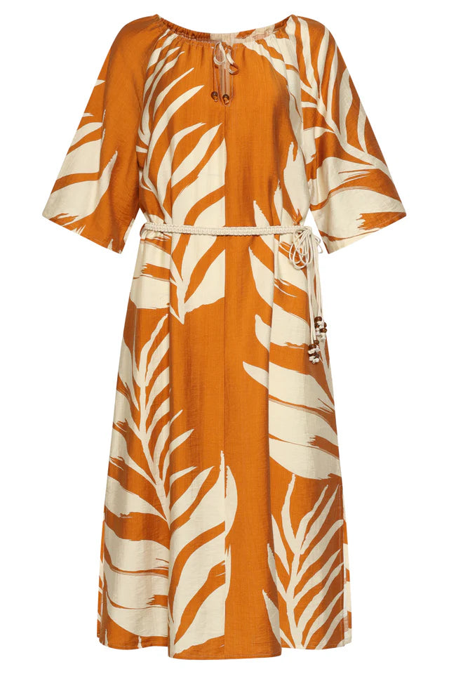 Smashed Lemon, TUNIC DRESS WITH TROPICAL LEAF PRINT IN OCHRE YELLOW | MUSTARD - OFF WHITE 26039