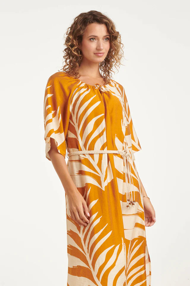Smashed Lemon, TUNIC DRESS WITH TROPICAL LEAF PRINT IN OCHRE YELLOW | MUSTARD - OFF WHITE 26039