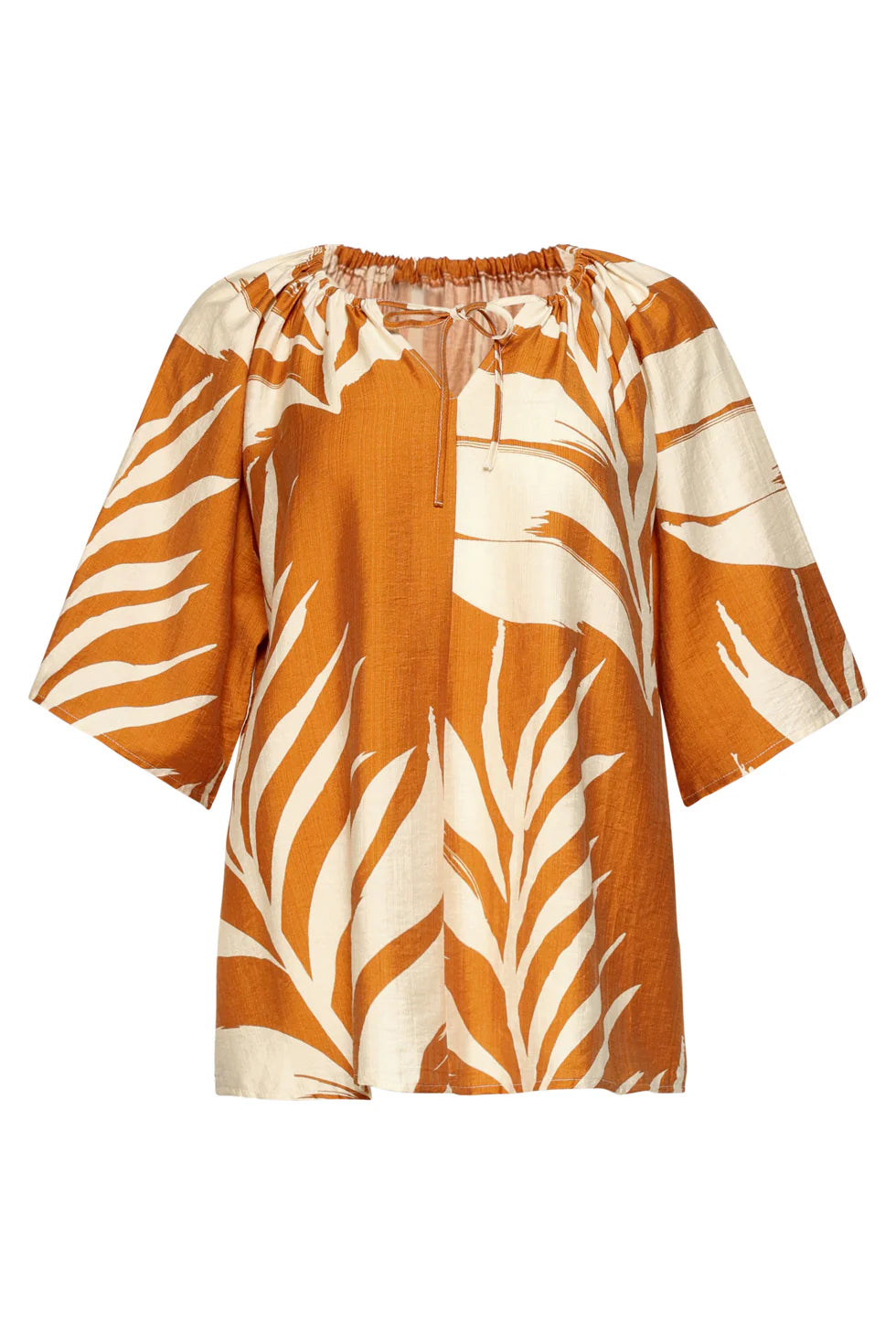 Smashe Lemon, TUNIC TOP WITH LEAF PRINT AND BOW DETAIL IN OCHRE YELLOW | MUSTARD - OFF WHITE 26038